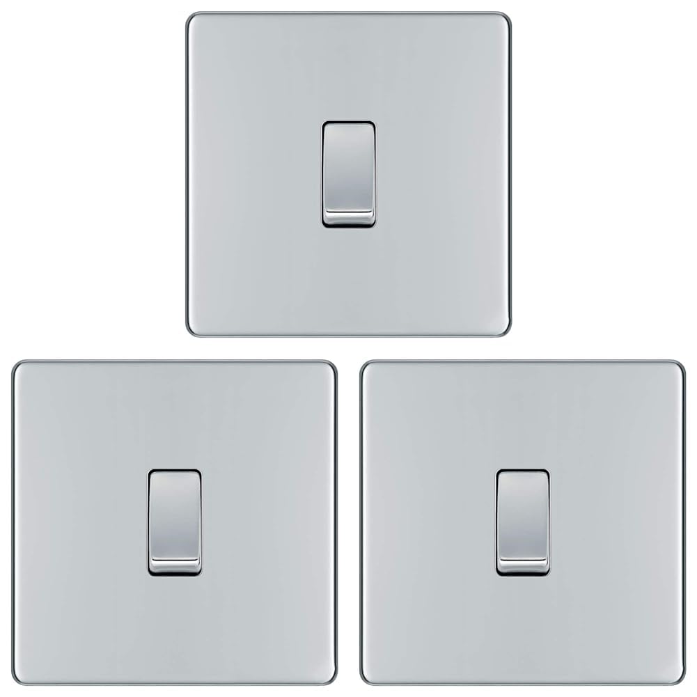 BG Electrical fpc12 Screwless Flat Plate Single Light Switch, Polished Chrome, 2-Way, 16AX Polished Chrome (Pack of 3)