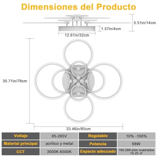 JSXing Lámpara de Techo Moderna, Lampara de Techo LED Regulable de Montaje Empotrado, Luces de 80CM, Accesorios de Iluminación para Dormitorio, Comedor, Sala de Estar (Blanco-8 Luces)