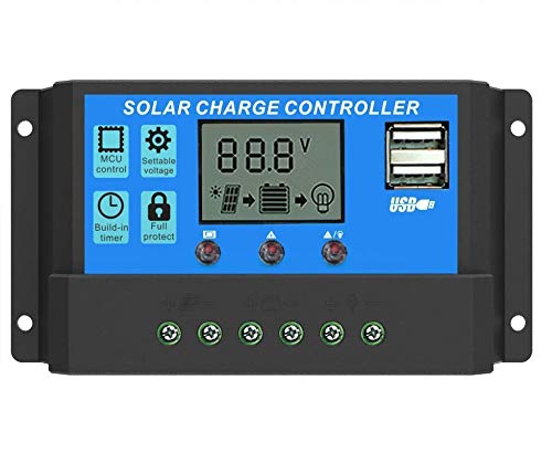Qaurora Solar Charge Controller Intelligent Charge Regulator with Dual USB 5V Output for Solar Panel Battery Lamp Overload Protection (20A)
