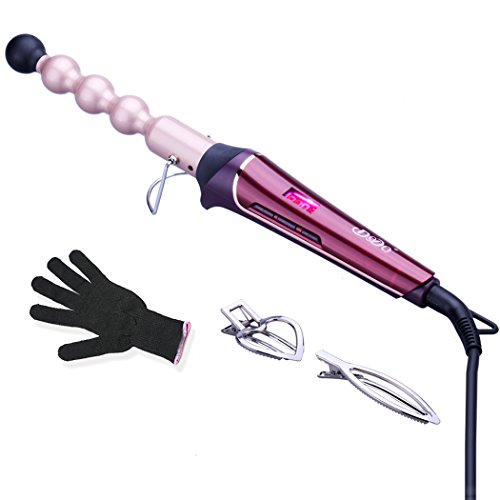 Curling Iron Wand, Tourmaline Ceramic Bead Bubble Hair Curling Iron Wand with LCD Temperature Display,1 inch, with heat resistant glove and 2 Hair Clips