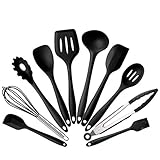 10Pcs/set Silicone Heat Resistant Kitchen Cooking Utensils Non-Stick Baking Tool Tongs Ladle Gadget By BonBon (Black)