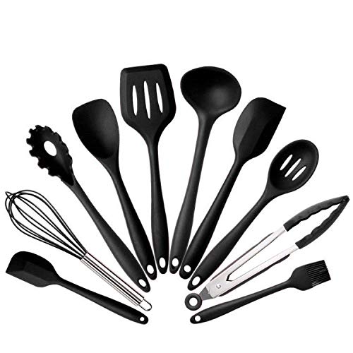 10Pcs/set Silicone Heat Resistant Kitchen Cooking Utensils Non-Stick Baking Tool Tongs Ladle Gadget By BonBon (Black)