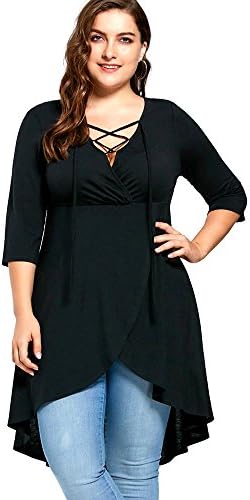 iDeesse Women's Plus Size 3/4 Sleeve V-Neck Lace Up Overlap Asymmetrical Top (Black, 4XL)
