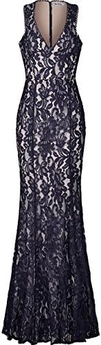 Absolute Rosy Women's Sleeveless V Neckline Key Hole Lace Maxi Prom Evening Dress Navy M