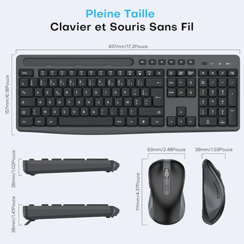 OMOTON AZERTY Wireless Keyboard and Mouse, 2.4 GHz Wireless Keyboard and Mouse Set, Standing, Quiet, Multimedia, Ergonomic, Full Size Compatible with Windows/Linux PC, Ideal for Office (Black-Grey)