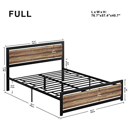 LIKIMIO Full Bed Frame with Rustic Brown Headboard and Footboard, Heavy