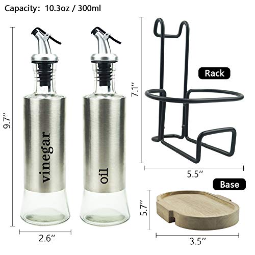 Olive Oil and Vinegar Bottle Set, 2-piece Olive Oil Container Set with Rack and Wooden Base, 10.3 Oz Olive Oil Dispenser|No-Drip Double Spouts|Dishwasher-Safe Glass Cooking Oil Cruet Bottles, by upra