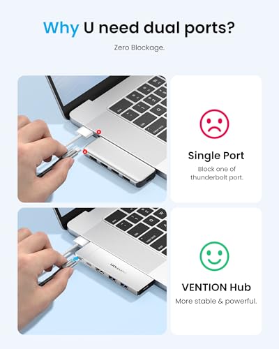VENTION MacBook USB Adapter, 6-in-2 Mac Hub with Dual USB C, Removable Magnetic USB-C Connector, PD 140W / 8K @ 240Hz / 80Gbps Max, Compatible with All Laptops/iPads, Silver