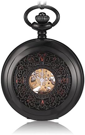 Sinopic Vintage Pocket Watch for Men with Antique Gold Roman Numerals Skeleton Black Dial with Chain