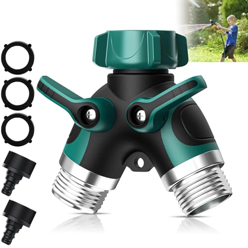 Garden Tap Splitter, 3/4" Dual Y Distributor 2 Way with Independent Switch and Adjustable and Lockable Automatic Irrigation Adapter, for Washing Machine, Gardens
