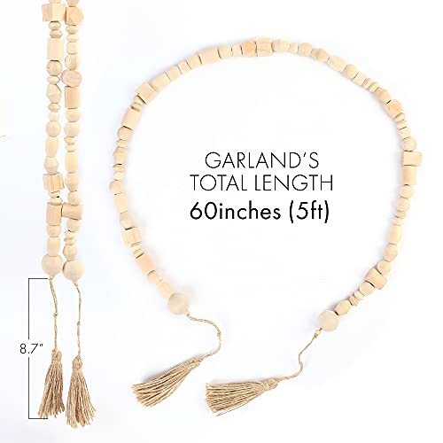 LotFancy Natural Wooden Bead Garland with Tassel, 60in / 5ft, Modern Farmhouse Boho Bead String for Décor, Various Shapes Design, for Home Wall Shelf Coffee Table