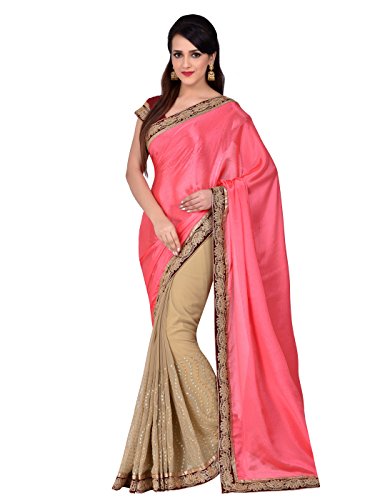 Shonaya Women's Embroidered Georgette & Satin Silk Beige Half & Half Saree With Unstitched Blouse Piece