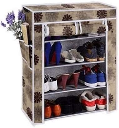 SITLAENTERPRISE 4 Layer Fabric Shoe Rack Non Woven and Wrought Iron Structure (Random Print)