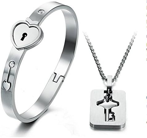 Titanium Bracelet Love Heart Lock Bangle Key Pendants Necklace Couples Jewelry Set