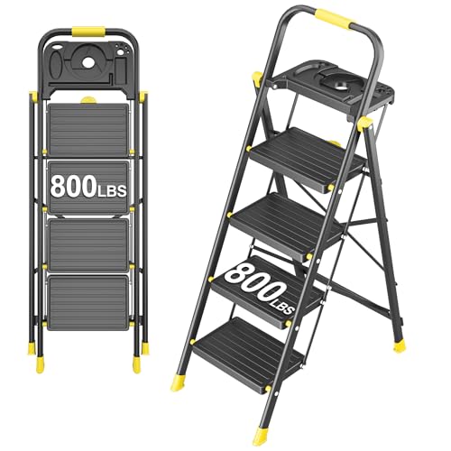 4 Step Foldable Step Ladder with Mutifunctional Tool Tray, Platform Ladders Stepstools, Step Stool 4 Step Folding with Non-Slip Pedals, 800lbs Bearing Capacity for Adults, Home, Kitchen, Black Yellow at Amazon