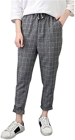 Women Casual Plaid Elastic Waist Lace Up Loose Plus Size Full Length Pants Sweatpants Cotton Active Elastic Pants
