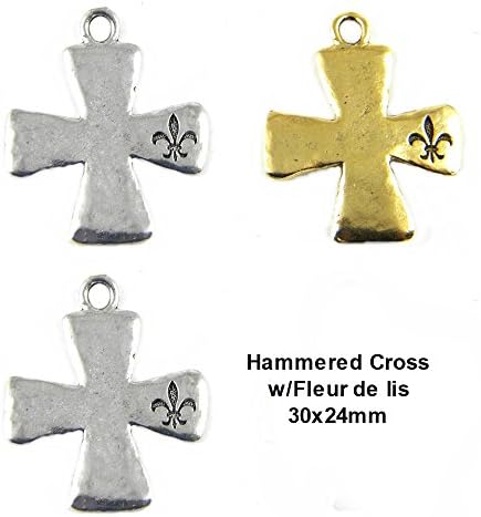PlanetZia 5pcs Hammered Cross Charms with Fleur De Lis for Jewelry Making TVT-HCF (Antique Gold)