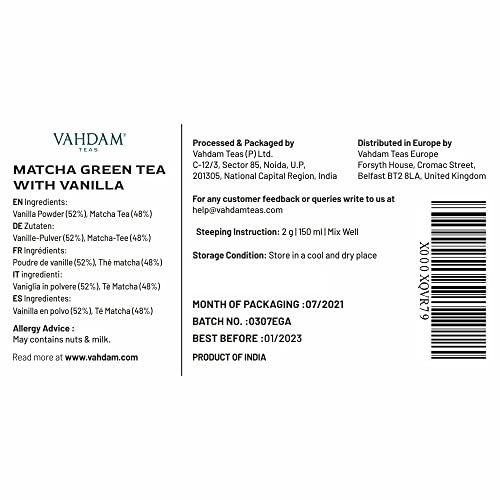 VAHDAM, Vanilla Matcha Green Tea Powder 1.76oz (25 Cups) Powerful