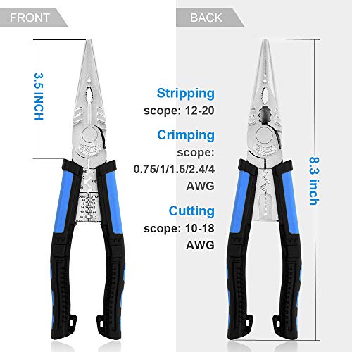 CR-V1B Big Needle Nose Pliers,7 in 1 Needle-nose Pliers with Wire Stripper/Crimper/Cutter Screw-remover Function, Heavy Duty No-rust Plier, 8 inch NEWACALOX