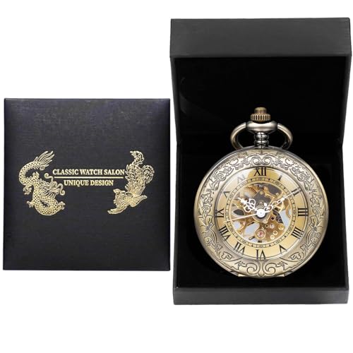 DerMacht Mechanical Pocket Watch, for Men Women Special Magnifier Half Hunter Engraved Case Roman Numerals with Chain