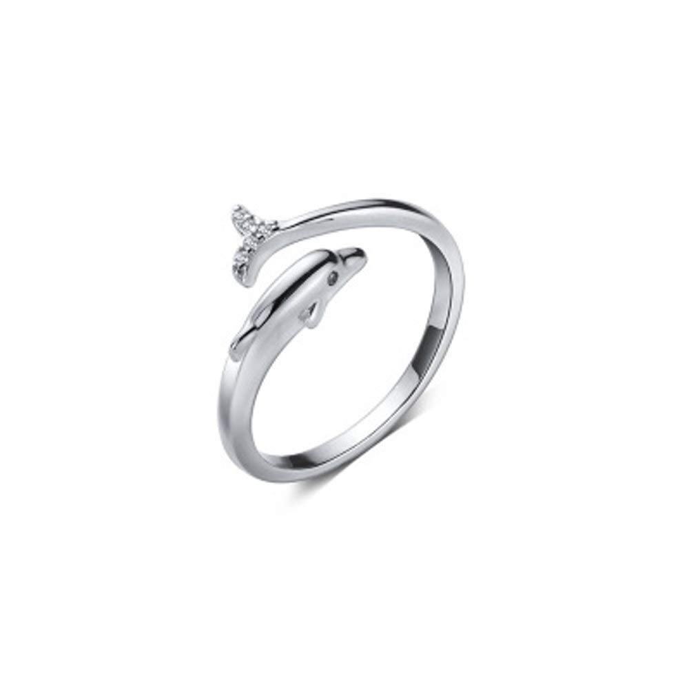 Cute Dolphin 925 Sterling Silver Ring, Adjustable Open Band with CZ Crystal Tail, Promise Engagement Wedding Statement Ring for Women and Girls