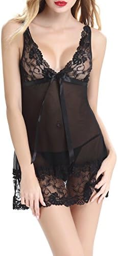 URMP Lace Babydoll Lingerie Sexy Sleepwear Nightwear Dress Set Mesh Chemise Nightgown for Women