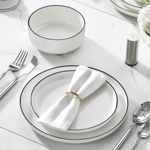 MALACASA LUNA Crockery Set for 6 People, 18-Piece White Porcelain Dinner Service with Black Rim, Modern Dinner Set with 6 Dinner Plates, Dessert Plates and Cereal Bowls