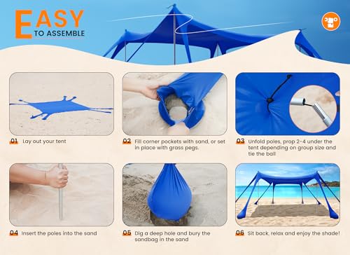Carpa Playa Tienda de campaña UPF50+, Playa Familiar Plegable Toldo Playa Carpas con 4 Bastones, Pala, Clavijas y Bolsa de Transporte para Camping, Pesca, 3X 3X 2M (Navy Blue)