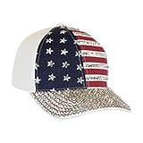 USA Bling Baseball Cap, Sparkle Rhinestone American Flag Hat, Adjustable Size (White)