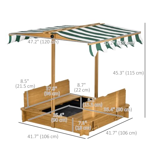Outsunny Kids Wooden Sandbox w/Adjustable, retractible Canopy & Foldable Bench Seats for 3-7 Years Old, Light Brown