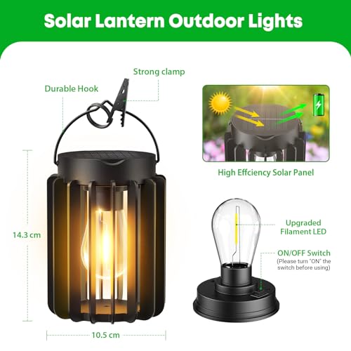 RECHOO Solar Lights for Outdoor Garden Hanging, Pack of 2 Solar Lanterns for Outdoor Use with Large LED Bulb, IP65 Waterproof Solar Lights for Outdoor Use with Clip for Patio, Lawn, Balcony, Yard, Garden Decoration