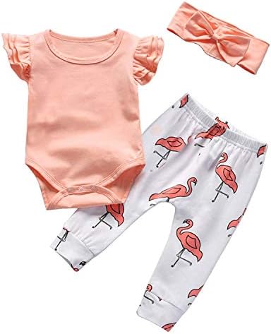 Baby Girl Clothes Pink Ruffle Sleeve Bodysuit Infant Romper Flamingo Pants with Headband 3Pcs Outfits Sets