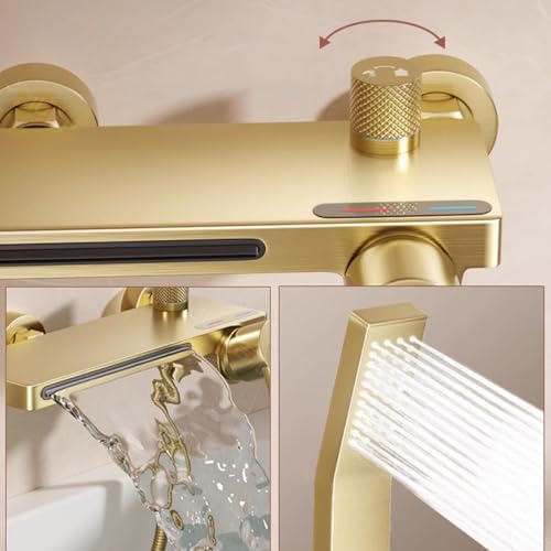 SWHC Bath Faucet with Shower, Waterfall Bath Mixer Tap Hot or Cold Shower Tap Wall Mounted Brushed Gold Bathroom Bath Tap Brass