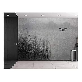 Wall26 - Black and White Photo of a Lone Seagull Flying Over a Pond - Wall Mural, Removable Sticker, Home Decor - 66x96 inches