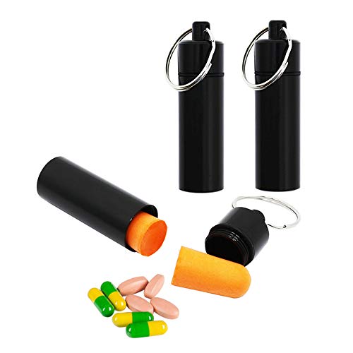 3 Packs Aluminum Waterproof Pill Holder, Effiet Pillbox Case Fob Medicine Outdoor Survival Tin Drug Holder Compact Container Keychain Nitroglycerin Pill Bottl Case with Bonus Earplug Ear Plugs (Black)
