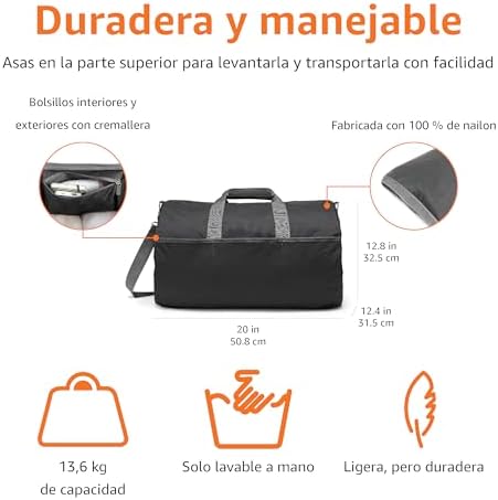 Mochila de lona, grande e dobrável saco de viagem/arrumação com bolsos com fecho, 50,8cm, capacidade de 13,6kg, preto