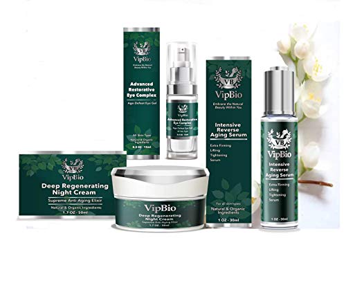 Anti-Aging Day and Night Kit Set for Fine Lines and Wrinkles -3 Piece Set | Firms & Smooth Skin | Moisturizer Organic Formula for Face, Eye & Neck- Stem Cells, Hyaluronic Acid, Vitamin C, by Vipbio
