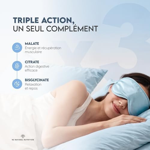 Triple Magnésium Bysglicinate, Citrate de Magnesium et Magnesium Malate. 180 comprimés (6 mois) Multiples Bienfaits: Digestion, Muscles, Nerveux. Anti Stress et Fatigue. 220 mg. N2 Natural Nutrition