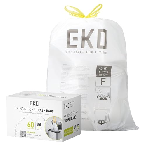 EKO 13 Gallon / 40-60 Liter, 60 Count Drawstring Trash Bags, Extra-Strong Unsce…