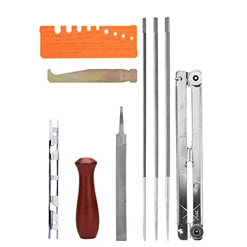 10 Piece Chainsaw Sharpening & Filing Kit, Includes :5/32, 3/16, 7/32 Round Files, 6 Inch Flat File, Depth Gauge, Filing Guide Holder, Hardwood Handle, Tool Set Pouch for Sharpening Saw Chain Blades