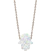 White Hamsa Hand Amulet Necklace, Rose Gold with Blue Opal, 15-17 inch Adjustable Silver Chain, Meaningful Gift for Spiritual Seekers