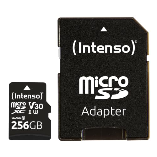 Intenso Carte mémoire microSDHC Professionnelle 256 Go Classe 10 UHS-I, U3, V30 avec Adaptateur SD, pour Enregistrement 4K, GoPro, Insta 360, DJI, Osmo, Steam Deck, Drone, caméra d'action, Noire