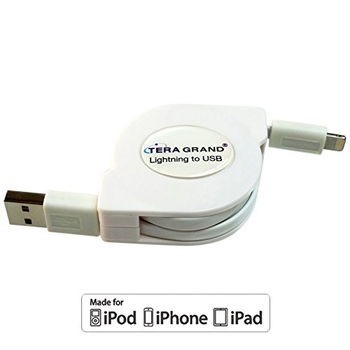 Tera Grand [Apple MFi Certified Lightning to USB Sync and Charge Retractable Cable, 4 feet White iPhone XS XS Max XR X 8 8 Plus 7 6s 6s 6 6 5s 5c 5 iPad Air Mini iPod