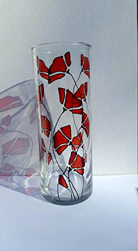 Red Poppy Flower Hand Painted Stained Glass Cylinder Vase, Candle Holder, Floral Decor