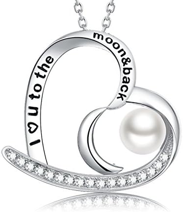 June Birthstone Jewelry Birthday Gifts for Women White Pearl Necklace I Love you to the Moon and Back Engraved Heart Pendant-20 Chain