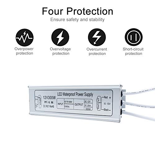 inShareplus LED Driver, 300W IP67 Waterproof Outdoor Power Supply,AC 90-265V to DC 12V 25A Low Voltage Transformer, Adapter with 3-Prong Plug for LED Light, Computer Project, Outdoor Use