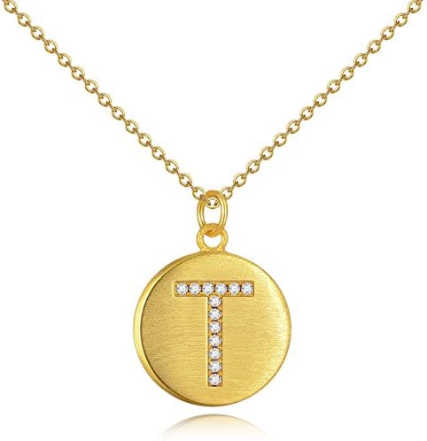 CZ Initial Necklace Sterling Silver Gold Plated Cubic Zircon Monogram Simulated Diamond Disc Necklace T Unique Christmas Birthday Gifts for Women Girls Anniversary Gifts for Her