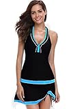 SHEKINI Women Swimwear Built-in Shorts Backless Lace up Swim Top Retro Swimdress Two Piece Tankini Swimsuits (Large/(US 12-14), Manhattan Black)