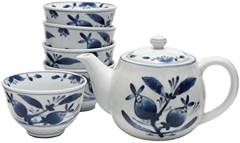 Japanese Mino Ware blue fruit print teapot and cups