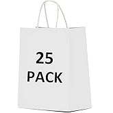 Qutuus Gift Bags 25Pcs 10x5x13 White Paper Bags with Handles, Kraft Sack for Shopping, Wedding, Retail, White Paper Gift Bags with Handles Bulk